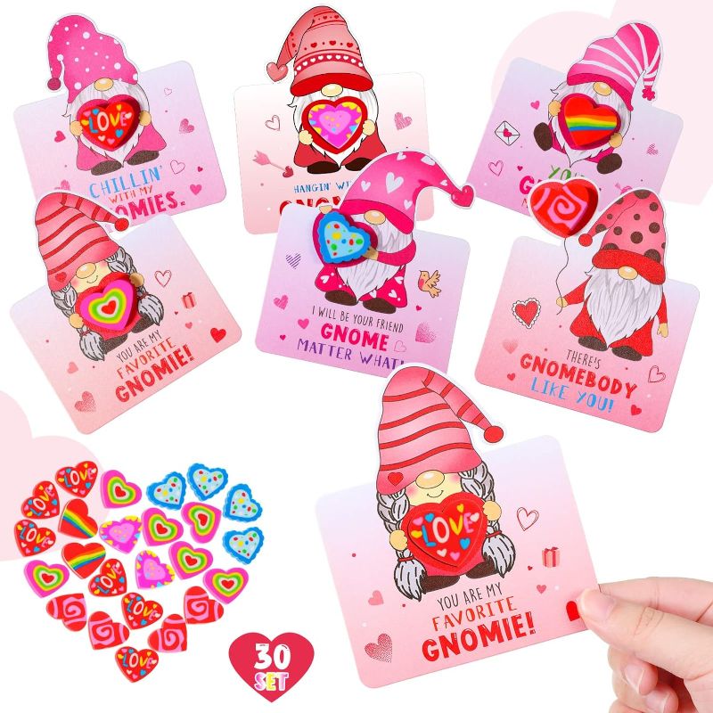 Photo 1 of 30 Sets Valentine Day Cards for Children, Gnomes Heart Erasers Valentine Card Valentines Classroom Party Card Gnomes Shaped Card Supplies Valentine's Day Exchange Cards for School Class Party Favors