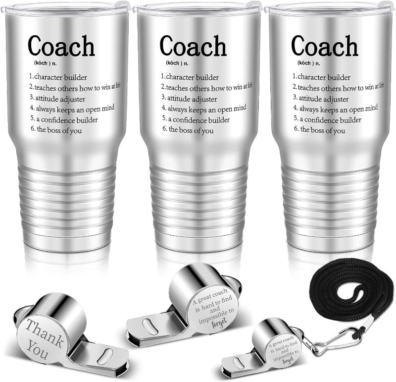 Photo 1 of Eaasty Coach Gifts for Men Best Coach Tumbler Includes 30 oz Coach Mug and Coach Whistle Stainless Steel Travel Mug with Lid for Coach Men Women (Silver,5 Pcs) 