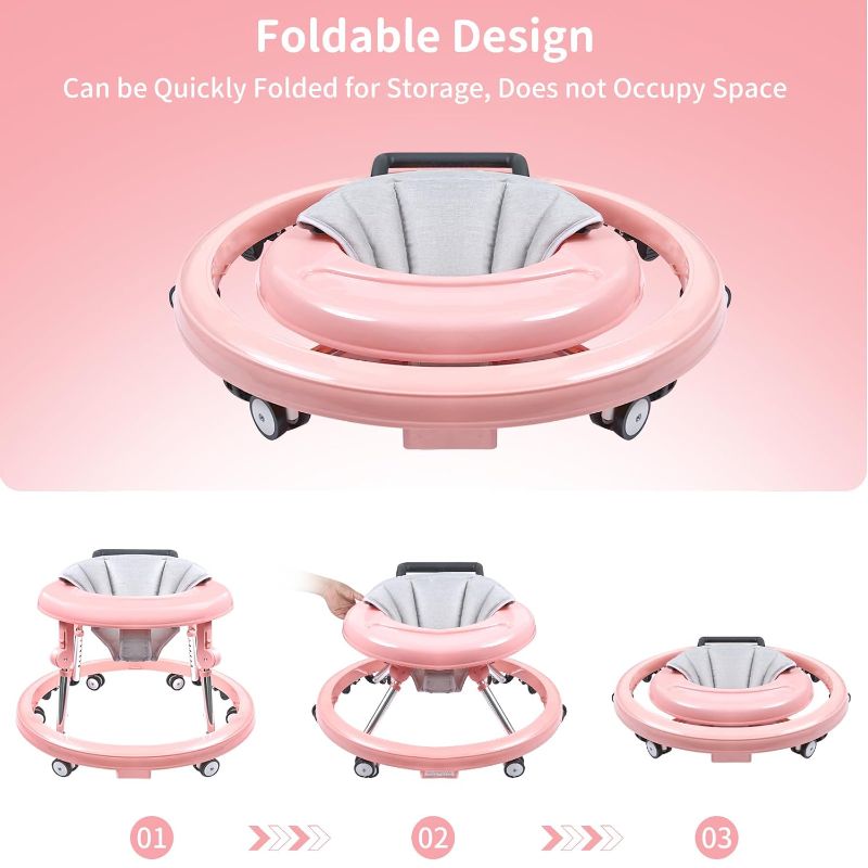 Photo 1 of Baby Walker with Wheels, Activity Center with Mute Wheels Anti-Rollover, 5-Position Height Adjustable Foldable Baby Walker for Boys and Girls from 6-18 Months with Footrest