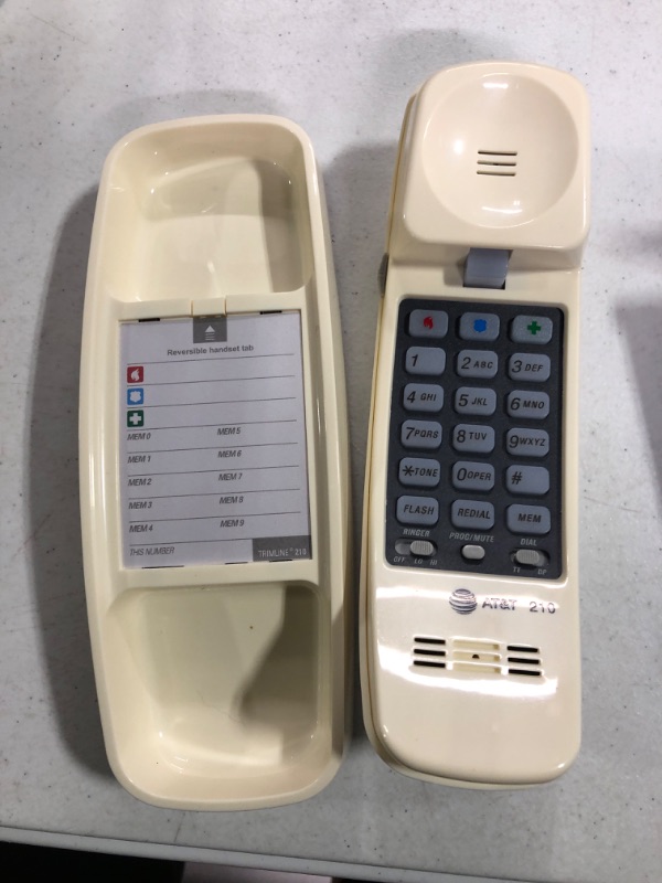 Photo 2 of AT&T TRIMLINE 210 Corded Home Phone, No AC Power Required, Improved Easy-Wall-Mount, Lighted Big Button Keypad, 13 SpeedDial Keys, Last Number Redial, Mute, Flash, Volume Control, Beige Beige Phone