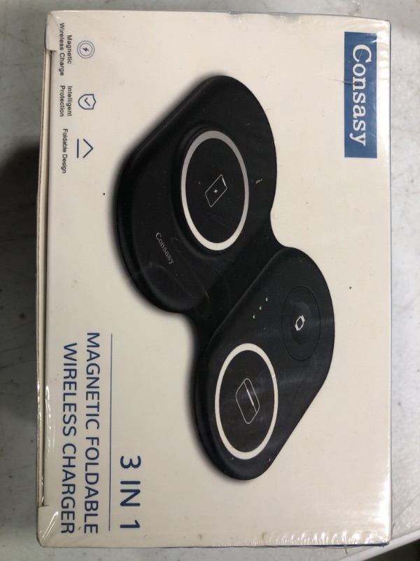 Photo 1 of Consasy 3 in 1 Foldable Wireless Charger, Magnetic 3 in One Charger, 3 in 1 Wireless Charging Station, Travel Charger for iPhone 15/14/13/12 Series, AirPods Pro/3/2, iWatch 2-8/Ultra, with Adapter