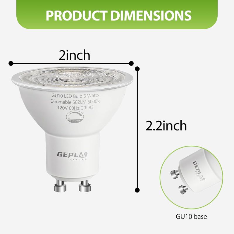 Photo 1 of 12-Pack GU10 LED Bulbs Daylight 5000K, 6W 582LM Dimmable GU10 Two Prong Light Bulb, 50W Halogen Replacement, Track Lighting,Recessed Light,Range Hood Light Bulbs