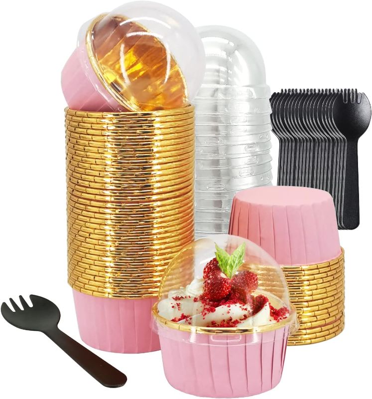 Photo 1 of Cupcake Liners And Wrapers With Lids 50 Pack,LNYZQUS 5.5 Oz Large Foil Muffin Tins Or Liners,Disposable Baking Cups, Cupcake Wrappers Holders For Wedding Valentine-Pink in gold