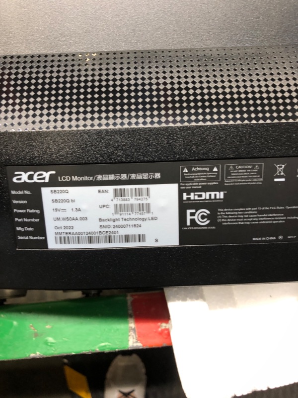 Photo 4 of Acer 21.5 Inch Full HD (1920 x 1080) IPS Ultra-Thin Zero Frame Computer Monitor (HDMI & VGA Port), SB220Q bi
***POWER CABLE MISSING***