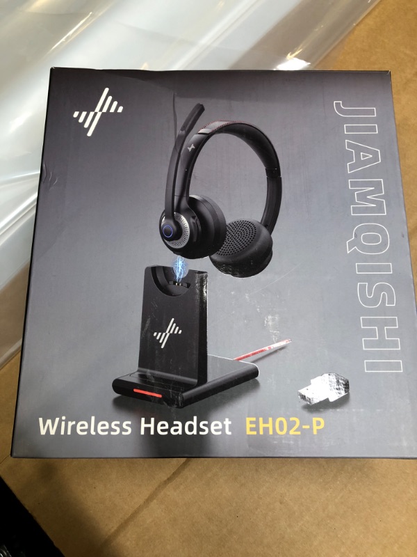 Photo 1 of JIAMQISHI Wireless Headset with AI Noise Cancelling Microphone Bluetooth Headset - Bluetooth V5.2 Headphones with USB Dongle, Charging Base & Mic Mute for Computer/Laptop/PC/iPhone/Android/Cell Phones Black