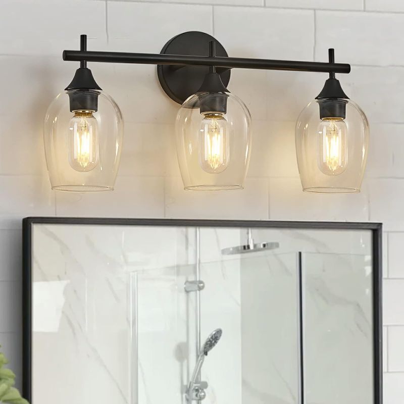 Photo 1 of **SOLD AS PARTS/MISSING 1 BULB** 3-Light Black Bathroom Lighting Fixture, Vintage Vanity Light with Clear Glass Shade,Modern Wall Lamp for Bedroom Hallway Living Room (Black, 3-Light)