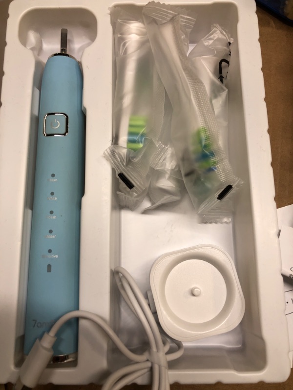 Photo 4 of 7AM2M Sonic Electric Toothbrush with 6 Brush Heads for Adults and Kids, One Charge for 90 Days,Wireless Fast Charge, 5 Modes with 2 Minutes Built in Smart Timer, Electric Toothbrushes(Light Blue)