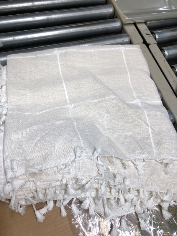 Photo 1 of Farmhouse Checkered Embroidery Lattice Square Tablecloth with Tassel Heavy Duty Rustic Fabric Table Cover Wrinkle Resistant Washable Kitchen Dining Party Wedding Decoration 60 x 60 Inch Square 60 x 60 inch Off White Plaid