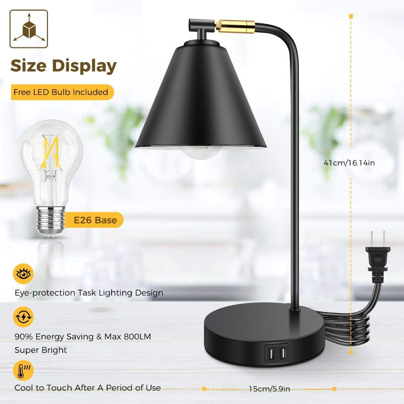 Photo 1 of Industrial Dimmable Desk Lamp with 2 USB Charging Ports AC Outlet, Touch Control Bedside Nightstand Reading Lamp Flexible Head, Black Metal Table Lamp for Bedroom Office Living Room, Bulb Included
