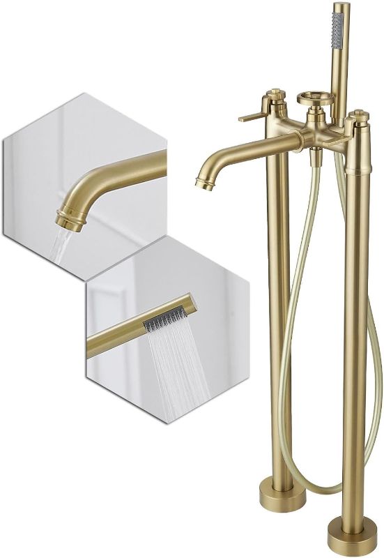 Photo 1 of Bathfinesse Gold Freestanding Bathtub Faucet Floor Mount Tub Filler with Handheld Shower Two Handle Two Feet High Flow Rate Mixer Tap Bathroom Tub Faucet
