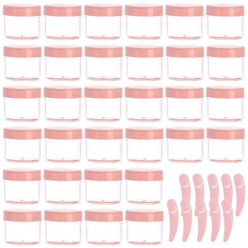 Photo 1 of 100 Count Cosmetic Container with Lids 20 Gram Small Jars and 10 Pcs Cosmetic Spatula Pink Lip Scrub Container Sample Containers Plastic Jars for Beauty Products