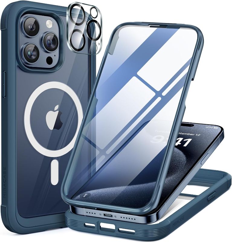 Photo 1 of Miracase Magnetic for iPhone 15 Pro Max Case 6.7'' [Compatible with Magsafe] Full-Body Drop Proof Bumper Phone Case for iPhone 15 Pro Max with Built-in 9H Tempered Glass Screen Protector,Blue