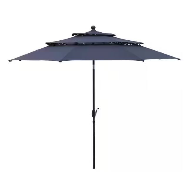 Photo 1 of 10 ft. Market Patio Umbrella in 3-Layer in Blue With Crank and Tilt