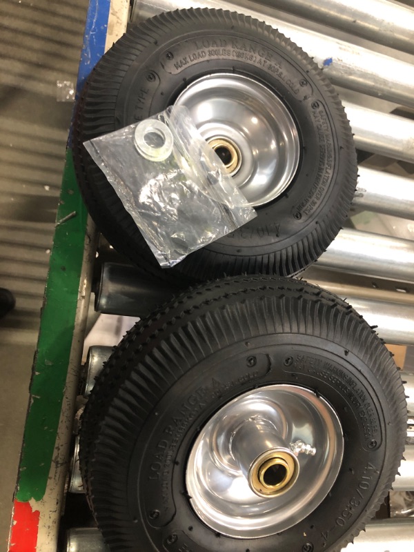Photo 1 of GICOOL 10" Tire and Wheel, 2 Pack, 4.10/3.50-4 Pneumatic Tire, with 2.25" Offset Hub, 5/8" Axle Bore Hole, Sealed Bearings for Hand Truck Trolley Dolly Garden Wagon Gorilla Cart Wheel Replacement
