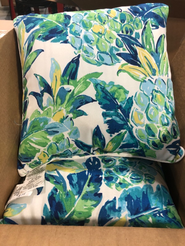 Photo 2 of  Indoor Outdoor Scroll & Medallion Prints - 2 Square Pillows Weather Resistant - Choose Color & Size (Vida Opal Yellow Green Blue Lily Pineapple, 17"x17")