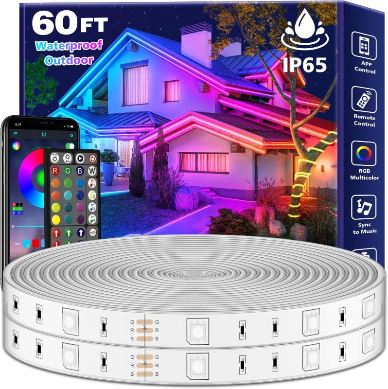 Photo 1 of 60Ft Outdoor Waterproof LED Strip Lights,Music Sync RGB IP65 Led Lights with App Control and Remote,Color Changing Waterproof Led Rope Lights for Outdoor,Balcony,Roof,Garden,Stairs Party