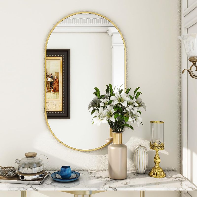 Photo 1 of BEAUTYPEAK Wall Mounted Mirror, 22"x38" Oval Bathroom Mirror, Gold Vanity Wall Mirror w/Metal Frame for Vertical & Horizontal Hang, Ideal for Bedroom, Entryway, Living Room