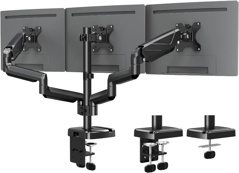 Photo 1 of **MISSING PIECES** Triple Monitor Mount - Monitor Desk Mount for 3 Computer Screens Up to 27 inch, Triple Monitor Arm with Gas Spring, Heavy Duty Monitor Stand, Each Arm Holds Up to 17.6 lbs