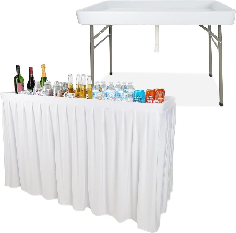 Photo 1 of 7Penn Outdoor Bar Cooler Table with Skirt - 4ft Folding White Patio Table Ice Trough for Deck, Porch, Backyard - Party Cooler Beverage Table with Drain Portable Bartender Table for Beer, Wine, Buffet