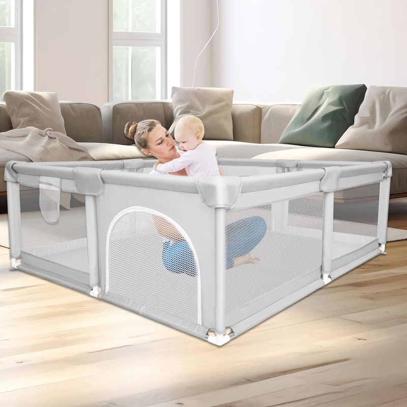 Photo 1 of 79"×71" Large Baby Playpen with Mat - Play Pens for Babies and Toddlers, Baby Play Yards with Gate, Baby Play Area with Soft Breathable Mesh, Indoor Kids Activity Center, Playpen for Babies, Grey Grey 79"×71"