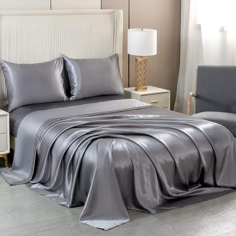 Photo 1 of ARTALL Satin Sheets Queen Size, 4 Pieces Silky Soft Satin Bed Set Satin Bedding Set, Grey Satin Sheet Set with 1 Deep Pocket Fitted Sheet, 1 Flat Sheet, 2 Pillow Cases
