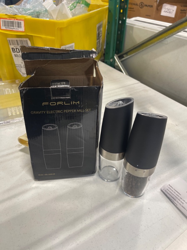 View 2 of FORLIM Gravity Electric Salt and Pepper Grinder Set (2 Mills), Battery Operated Automatic Pepper Shakers, Adjustable Coarseness, LED Light, Stainless Steel Black
