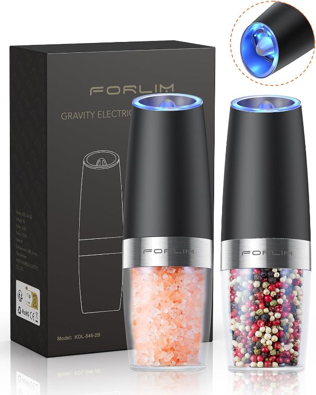 View 1 of FORLIM Gravity Electric Salt and Pepper Grinder Set (2 Mills), Battery Operated Automatic Pepper Shakers, Adjustable Coarseness, LED Light, Stainless Steel Black
