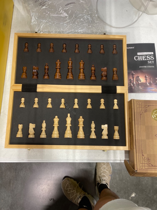 Photo 1 of AMEROUS 15 Inches Magnetic Wooden Chess Set - 2 Extra Queens - Folding Board, Handmade Portable Travel Chess Board Game Sets with Game Pieces Storage Slots - Beginner Chess Set for Kids and Adults