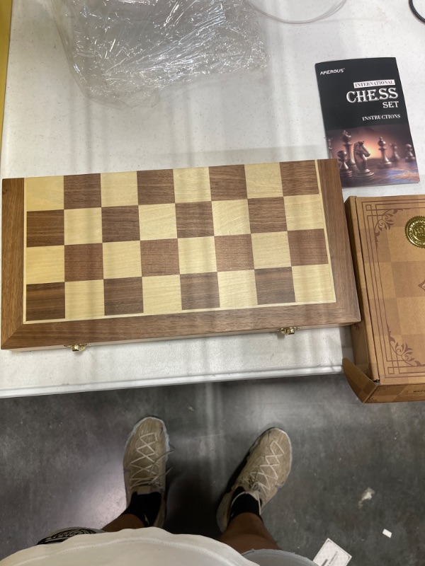 Photo 1 of AMEROUS 15 Inches Magnetic Wooden Chess Set - 2 Extra Queens - Folding Board, Handmade Portable Travel Chess Board Game Sets with Game Pieces Storage Slots - Beginner Chess Set for Kids and Adults