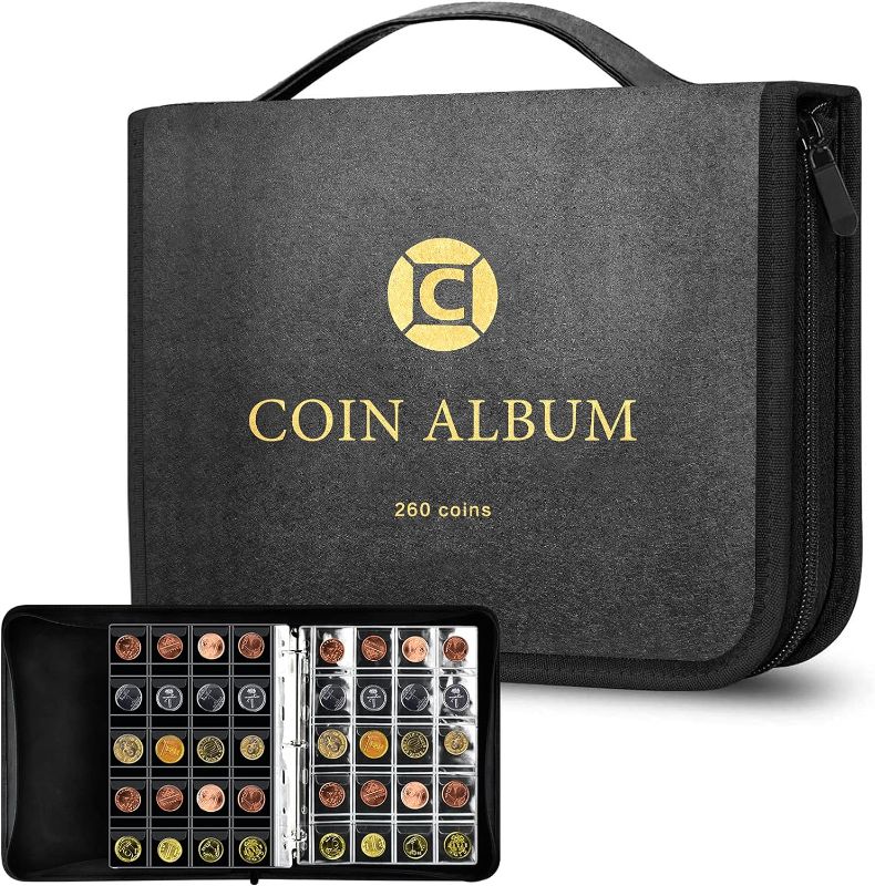 Photo 1 of AITIME 3 in 1 Coin Collection Holder Album Book for Collector, 370 Pockets Coin Collection Supplies for Coin Paper Money Currency Bill, Coin Collecting Storage Book with Zipper and Handle Black