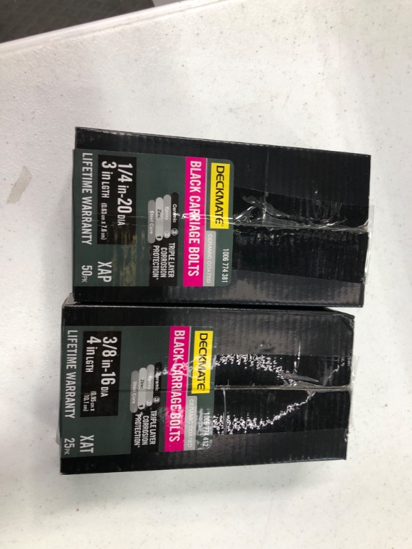 Photo 1 of *NO RETURNS* DECKMATE BOLTS 
4 PACKS 1/4 in. -20 x 3 in. Black Deck Exterior Carriage Bolt (50 QTY)
4 PACKS 3/8 in. -16 x 4 in. Black Deck Exterior Carriage Bolt (25 QTY)