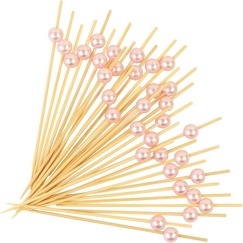 Photo 1 of 100PCS Cocktail Picks, Fancy Toothpicks for Appetizers Handmade Bamboo Appetizer Skewers Sticks Pink Pearl Food Picks for Wedding Valentines Day Party Food Fruit Drinks (4.7 Inch)