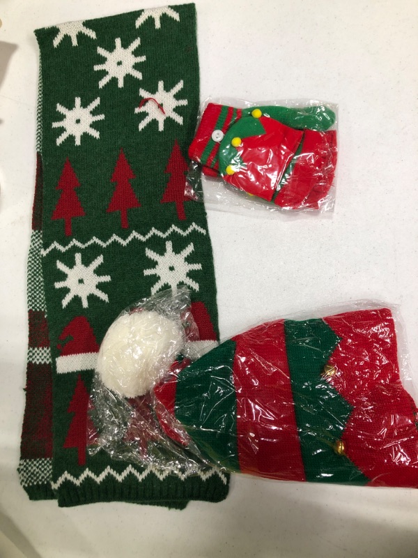 Photo 3 of 4PC Kids Xmas Knitted Hat Kit, Santa Beanie Hat & Knee High Socks (MISSING), Gloves & Scarf, Elf Costume Set for 6-10 Yrs Girls