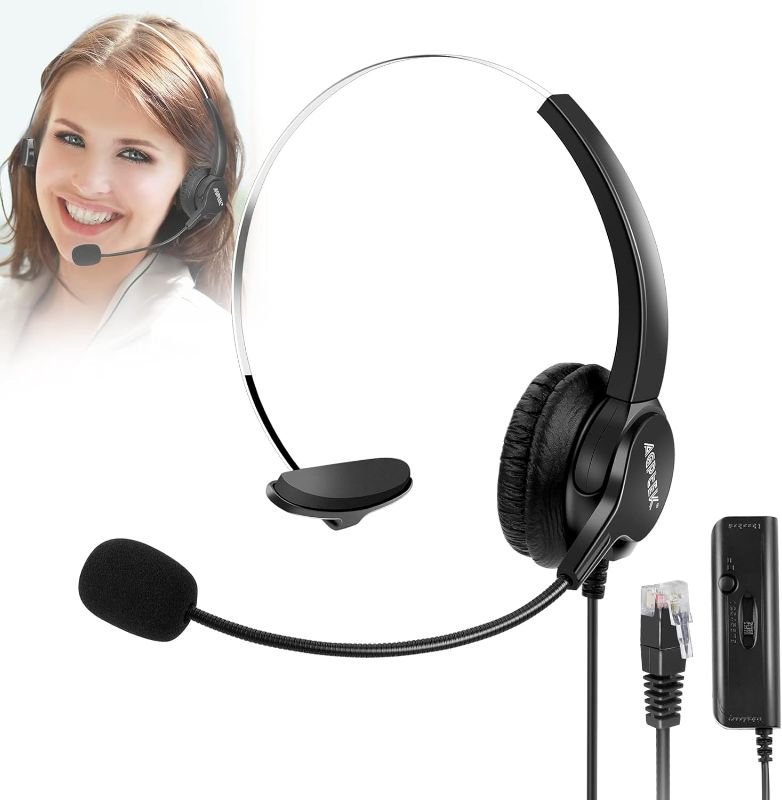 Photo 1 of AGPTEK® Hands-Free Call Center Noise Cancelling Corded Monaural Headset Headphone for Desk Telephone with 4-Pin RJ9 Crystal Head
