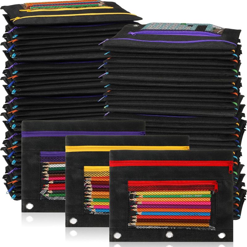Photo 1 of 150 Pieces Zipper Binder Pencil Pouches 3 Ring Binder Pouches Zipper Pouches Case with Mesh Window Ring Binder Pencil Bags Case or Office School Students Supplies (Black)
