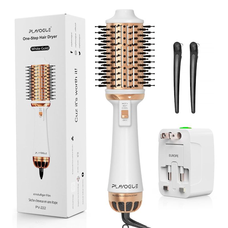 Photo 1 of Dual Voltage Hair Dryer Brush, Plavogue 100 Millions Negative Ionic Blow Dryer Brush Volumizer, One-Step Hot Air Brush in One for European Travel, Styling Brush with Ceramic Coating for Salon Blowout
