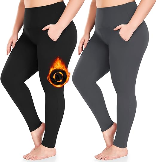 Photo 1 of FULLSOFT 2 Pack Women's Plus Size Fleece Lined Leggings-Thermal High Waist Stretchy 2XL-3XL Yoga Pants for Winter Workout (BLACK & GREY)