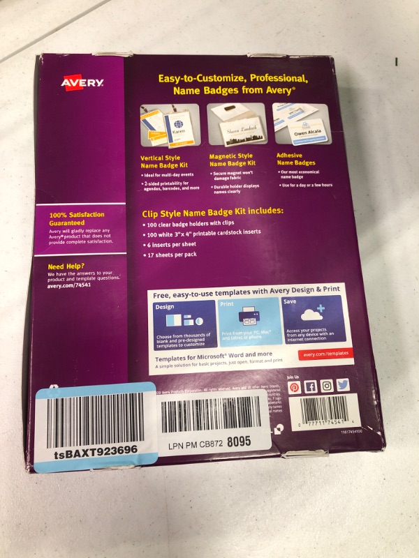 Photo 3 of AVERY Clip Name Tags, Print or Write, 3" x 4", 100 Inserts & Badge Holders with Clips (74541) & Clip Name Badges, Print or Write, 3" x 4", 50 Inserts & Badge Holders with Clips (74536) 3 x 4 Holders + Badges