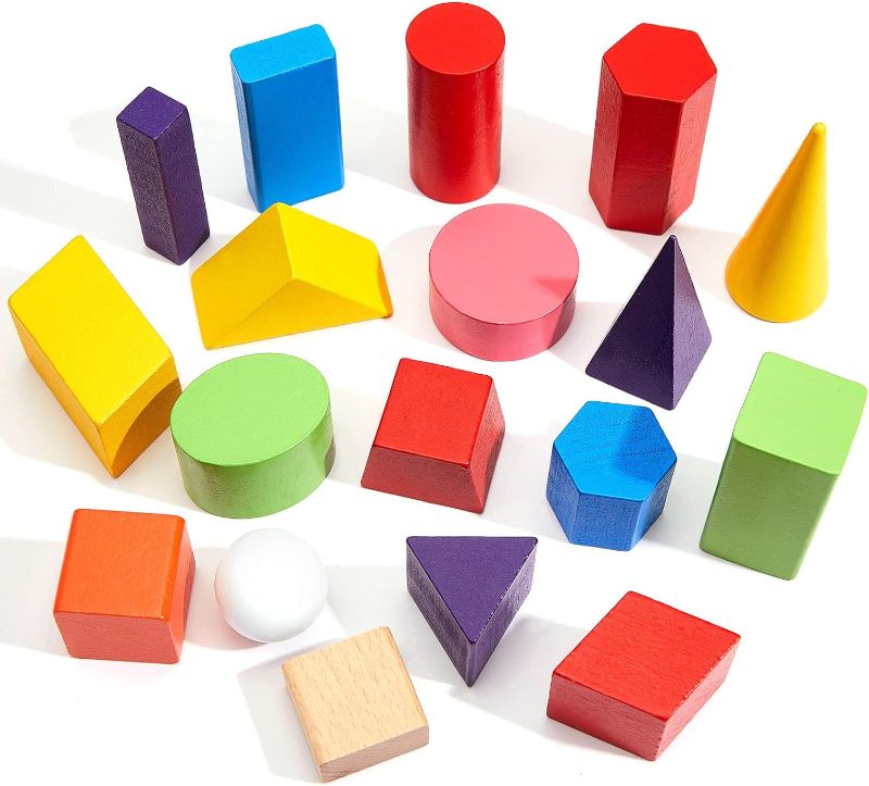 Photo 1 of Deekin 36 Pcs Geometric Shapes 3D Wood Shapes Large Size Pattern Blocks Multicolor Solid Figures Montessori Classroom Manipulatives for Preschool Elementary Kindergarten Math Home School Supplies