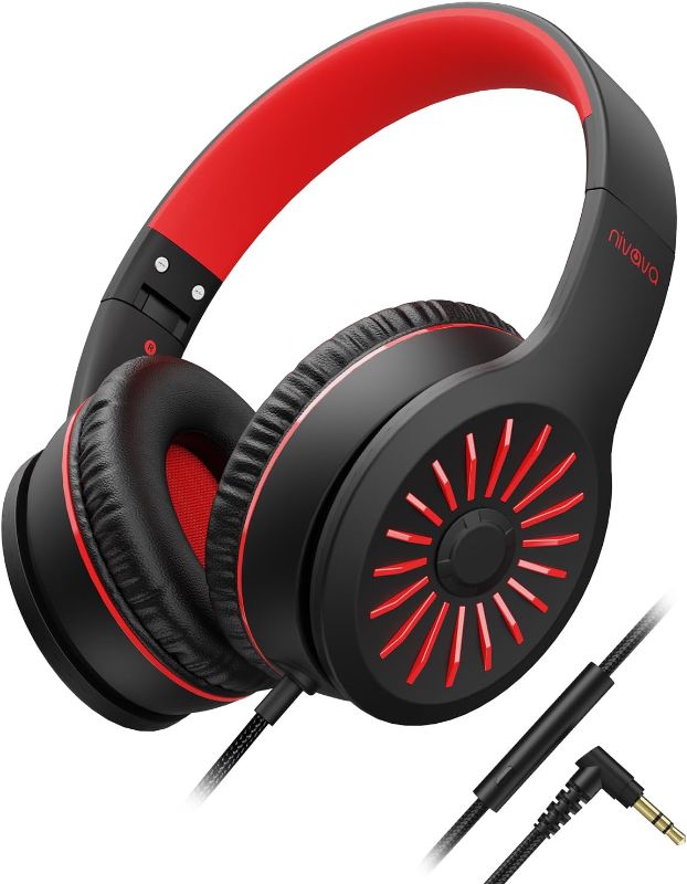 Photo 1 of NIVAVA Wired Headphones with Microphone, K16 On-Ear Headphones for Kids with 3.5MM Jack, Foldable Stereo Bass Headphones for Teens School Amazon Kindle, Fire, Chromebook, Tablet(Black Red)