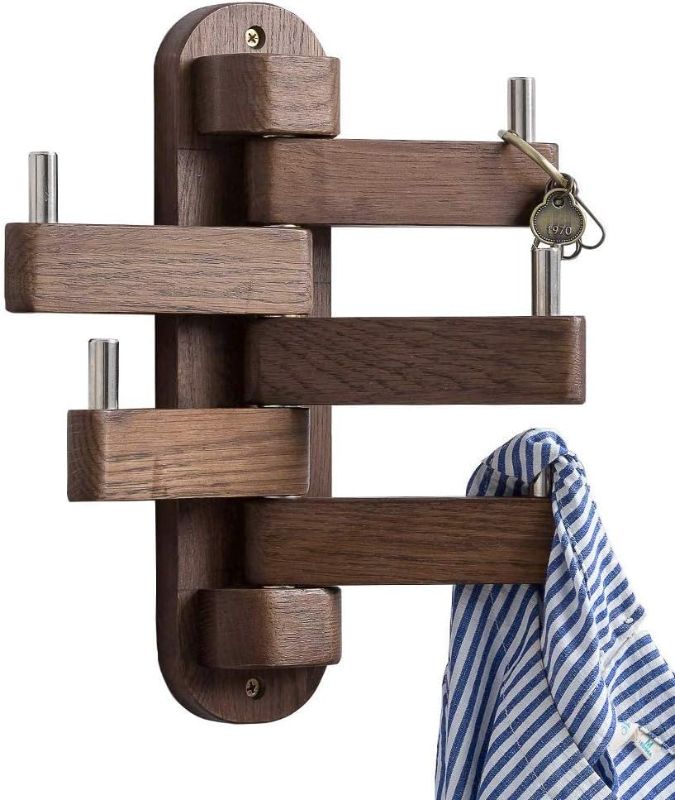 Photo 1 of  Coat Hooks for Wall, Walnut Wood Wall Hooks with 5 Swivel Foldable Arms, 12'' Length Wall Coat Rack Hat Hooks for Bathroom Entryway Bedroom Office Kitchen, Heavy Duty