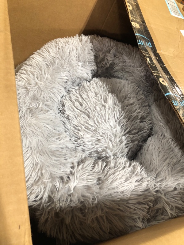 Photo 2 of ?2021 Upgraded? Western Home Round Dog Bed for Small Dogs, Calming Donut Cuddler Pet Bed,Fluffy Plush Faux Fur Cat Bed(20", Grey) 20 x 20 Inch Grey