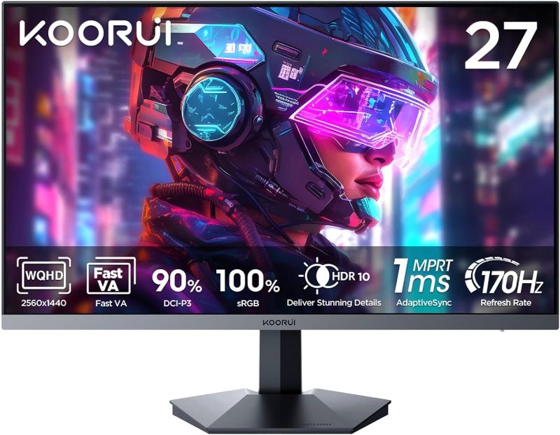 Photo 4 of KOORUI 27 Inch WQHD Gaming Monitor, 2K 1440p Computer Monitor Up to 170Hz, 165Hz Monitors, 1ms,VA, Adaptive Sync, DCI-P3 90%, 1x DisplayPort & 2X HDMI, Tilt Adjustable, VESA Mountable, GN03