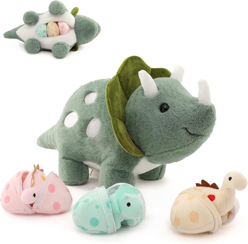 Photo 1 of 17.6in Plush Dinosaur Stuffed Animals,A Mommy Dinosaur with 3 Baby Dinosaurs,Triceratops, Tyrannosaurus Rex and Diplodocus.
