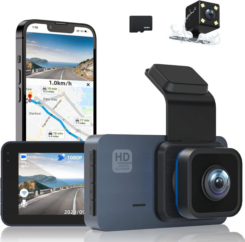 Photo 1 of 2K Dash Cam WiFi, Front and Rear Dash Camera for Cars Night Vision WDR Dashcam with 3 Inches, 170° Wide Angle, GPS Included, HD Screen Loop Recording, G-Sensor, Parking Monitor,with Free 32GB Card