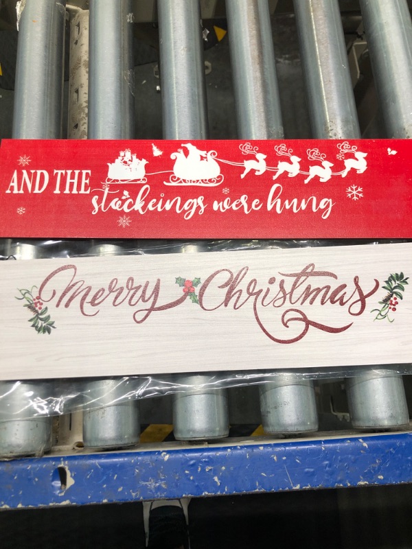 Photo 1 of 2 Pieces And the Stockings Were Hung Wooden Sign Stocking Holder Sign Home Beautiful Stockings Hangers Christmas Stocking Sign Wall Mount Hanging Sign for Mantle Fireplace Holiday Decor (Chic Style)