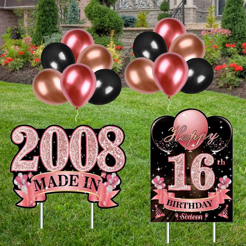Photo 1 of 16th Birthday Decorations Yard Sign Rose Gold Pack of 2, Outdoor Decor Born in 2010 Fifty Year Old Lawn Signs with Metal Stakes, Weatherproof Outdoor Birthday Yards Decoration 13th & Made in 2010