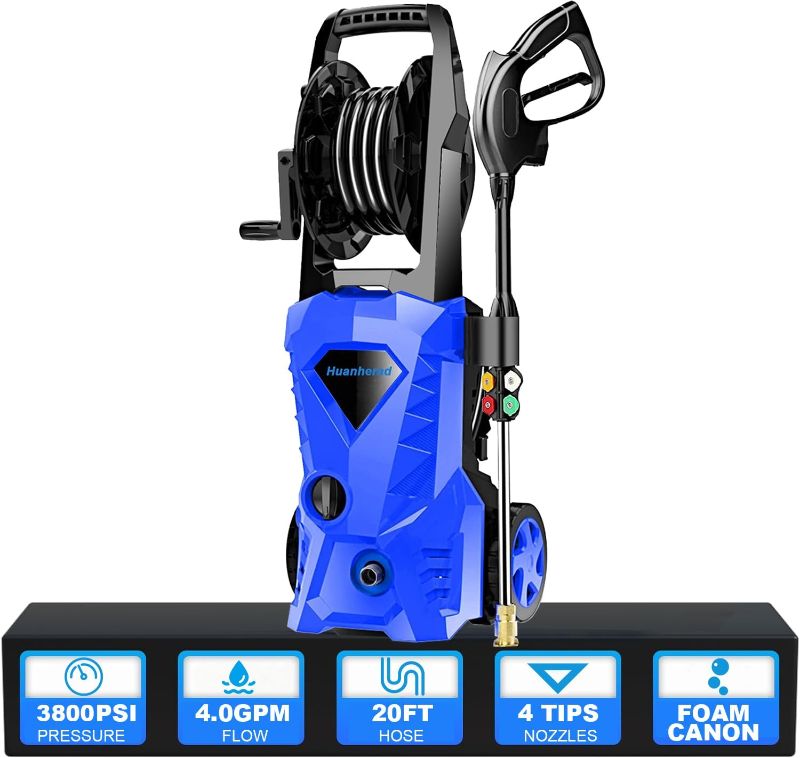 Photo 1 of 3800PSI Electric Pressure Washer 4.0GPM 1600W Power Washer with 20ft Hose Reel, 4 Tips, Foam Cannon, Best Pressure Washer for Cars, Home use, Blue