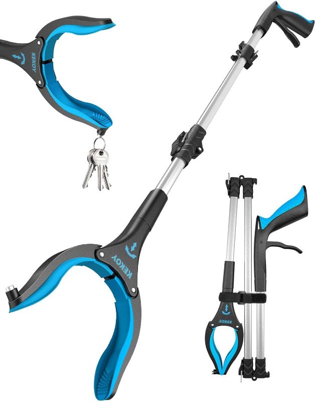 Photo 1 of 36" Grabber Reacher, Kekoy Foldable Grabbers for Elderly Grab it Reaching Tool Heavy Duty, Anti-Slip Rotating Jaw with Magnet, 4" Wide Claw Opening Reachers for Seniors, Trash Picker Tool(Blue)