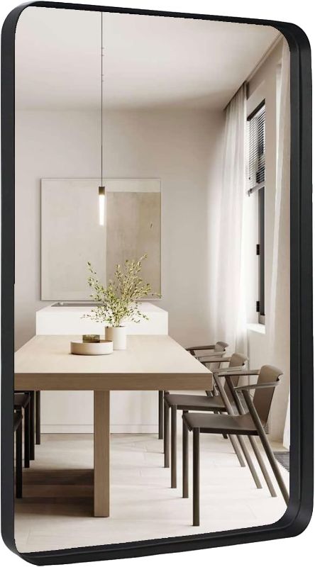 Photo 1 of 18"x24" Bathroom Mirror Black Mirror Shatterproof Rectangle Wall Mirror Rounded Corner, Modern Vanity Mirror Metal Frame Hangs Horizontal Or Vertical for Bedroom, Living Room, Home Mirrors Decor